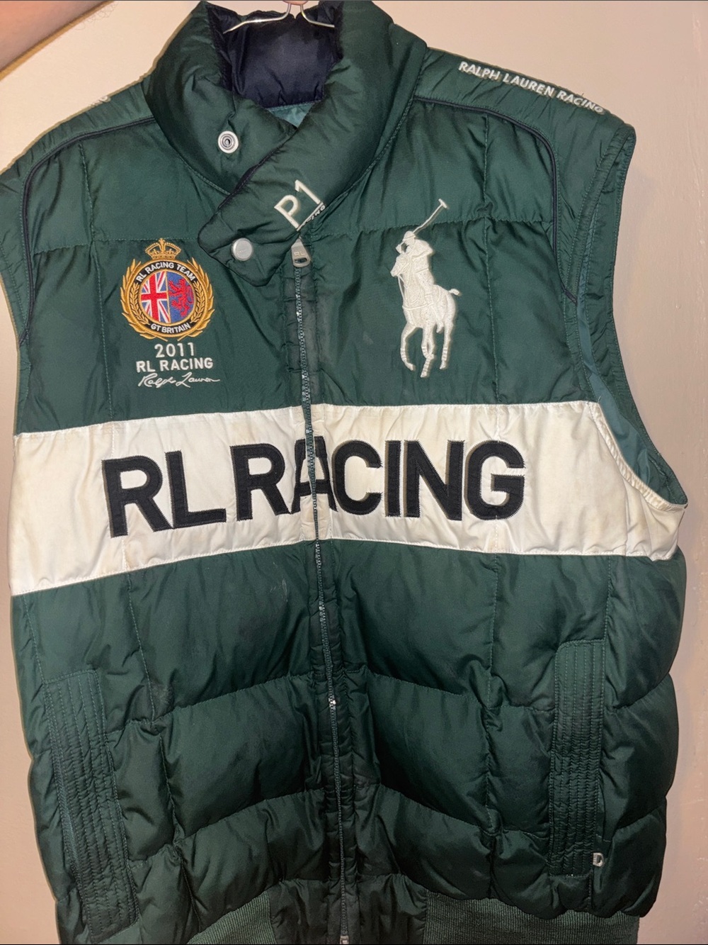Ralph Lauren Green and White RL Racing Puffer Vest